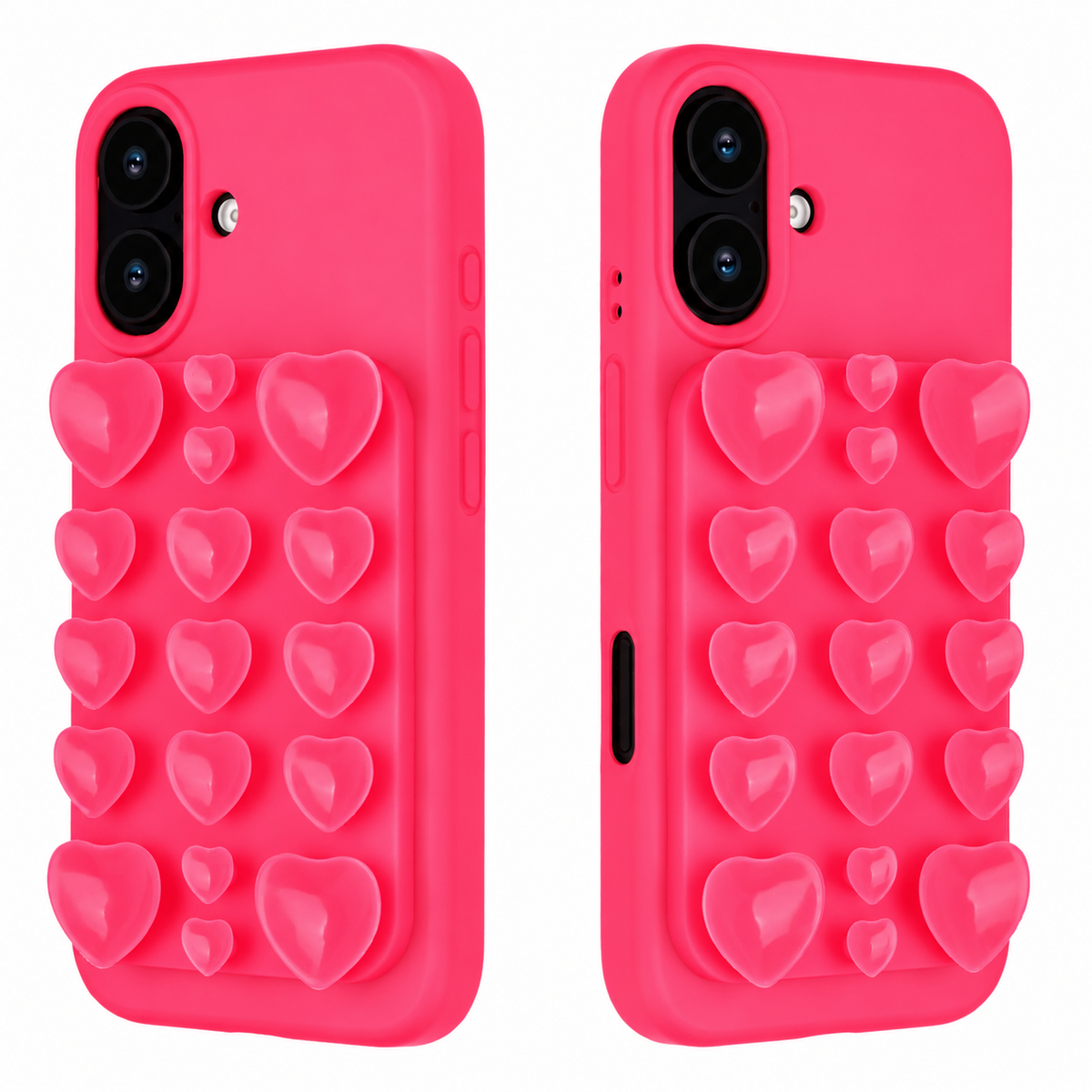 Apple iPhone 16 Hoesje - Neon Roze - Siliconen Back Cover met Afneembare Hartjes Zuignappen