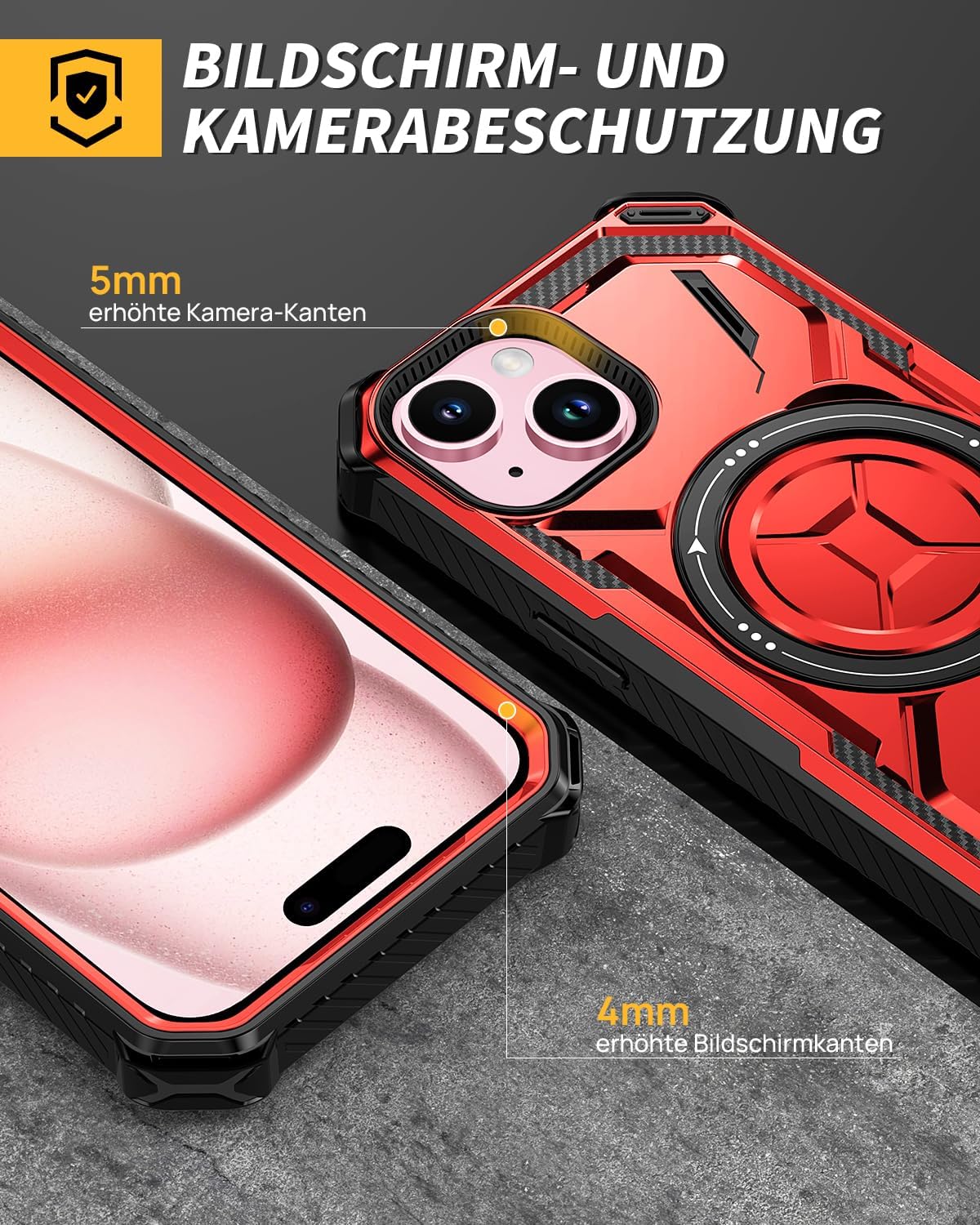 Apple iPhone 15 Plus Hülle - Rot - Armor Ständer MagSafe Backcover